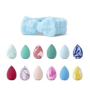 Blue Pearl-Embellished Plush Bow Makeup Headband with Assorted Makeup Sponges